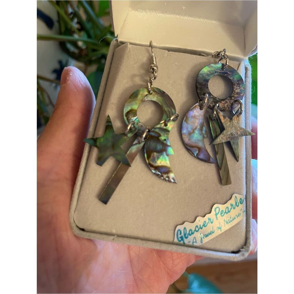 Abalone Glacier Pearls Shell Celestial Moon & Star Dangle Earrings - Picture 4 of 13